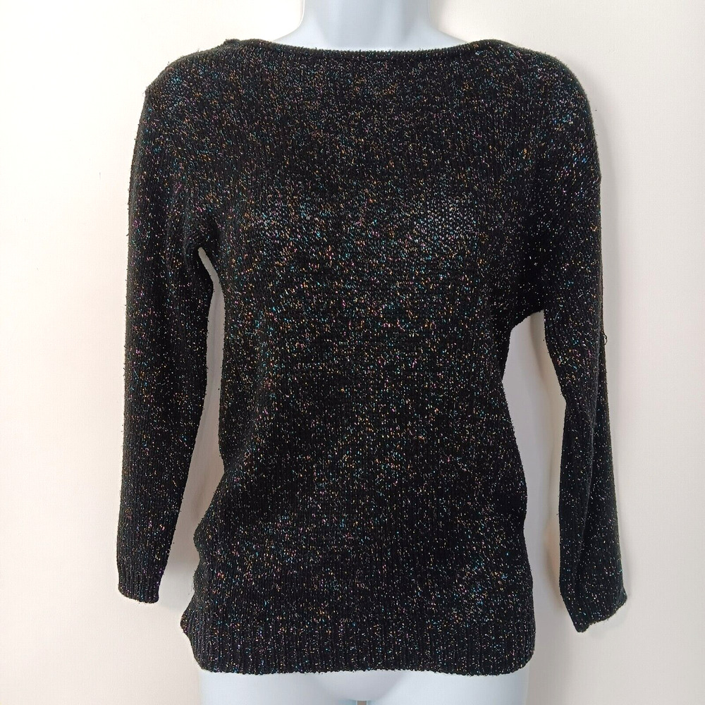 Vintage Silk Metallic Blend Semi Sheer Black Boat Neck Sweater Holiday Small